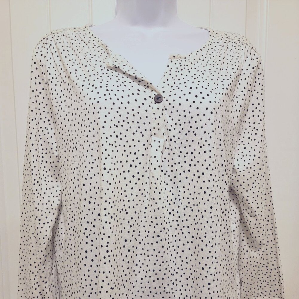 Caroll Paris Black White Polka Dot V-Neck Tunic Blouse Size L